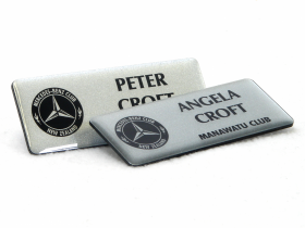 Name badges for the Manawatu branch of the Mercedes Benz Club of New Zealand