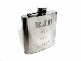 RJB - Man Myth Legend hipflask | Stone Story font | Helvetica font