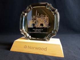 35 Years' Service Tray with CB Norwood for Garry | Fibre Laser Engraved and Mounted on a Pine Base
