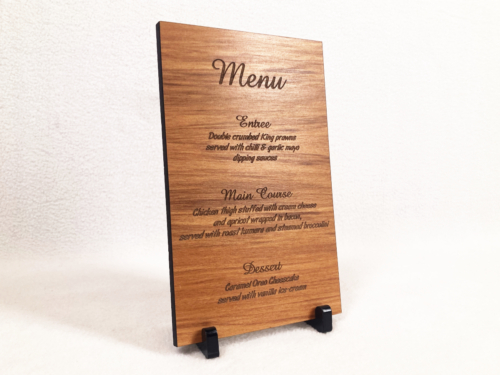 Laser Cut and Engraved Rimu Veneer Wedding Menu