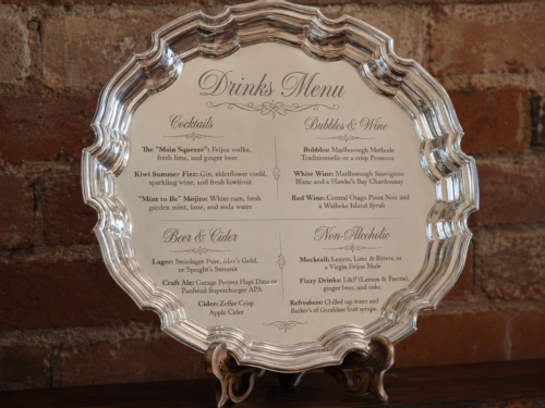 Drinks menu fibre laser engraved into a 250mm silver tray