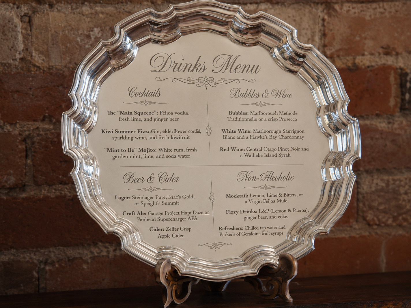 Drinks menu fibre laser engraved into a 250mm silver tray